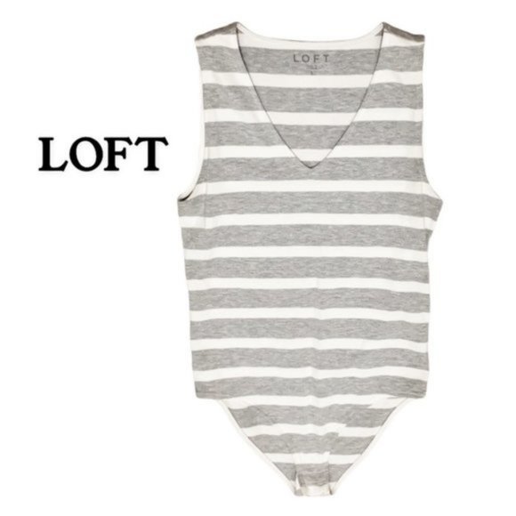 Loft Gray & White Striped Sleeveless Bodysuit S - Picture 2 of 8